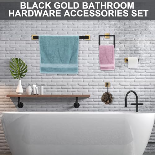 Gisafai 10 Pcs Black Gold Bathroom Hardware Accessories Set 23.6 Inch Bath Towel Bar Kit Stainless Steel Bathroom Hardware Set Towel Racks Ring Robe Hooks Paper Holder for Wall Mounted - color: Black Gold