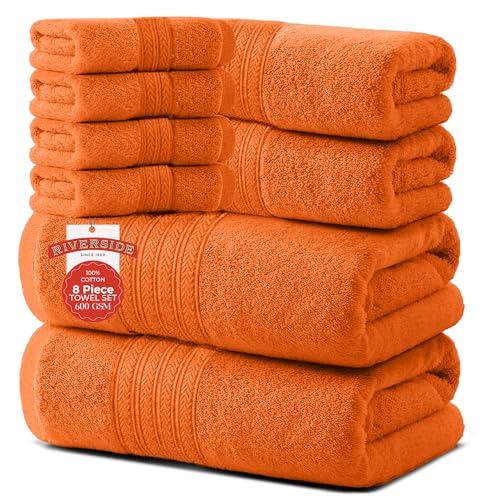 RIVERSIDE Pack of 8 Towels Set, 2 Large Bath, 2 Hand, 4 Face Washcloths, 100% Cotton Hotel Quality, Super Soft, Quick Dry, Highly Absorbent Perfect for Bathroom, Orange - color: Orange, size: Towel Set (PK 8)
