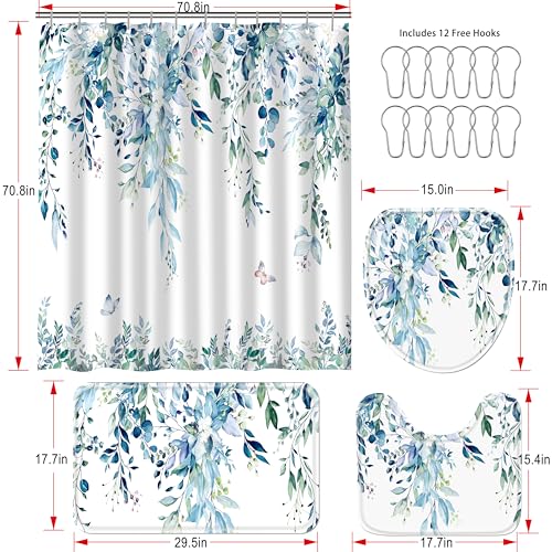 16 Pcs Blue Eucalyptus Shower Curtain Set with Absorbent Rugs and Metal Hooks,Premium 120gsm Heavy Weight Fabric Shower Curtain,Botanical Bathroom Deco (B-Blue) - color: Blue