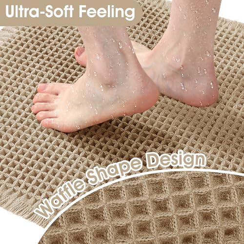 Upgraded Waffle Bath Mat Set 2 Piece Beige, Super Absorbent Non-Slip Quick Dry Bathroom Rugs with Tassels, Machine Washable Ultra Soft Boho Bath Rugs for Floor, Toilet Mats Boho Farmhouse Decor - color: Beige, size: 24"x17"+5'x2'