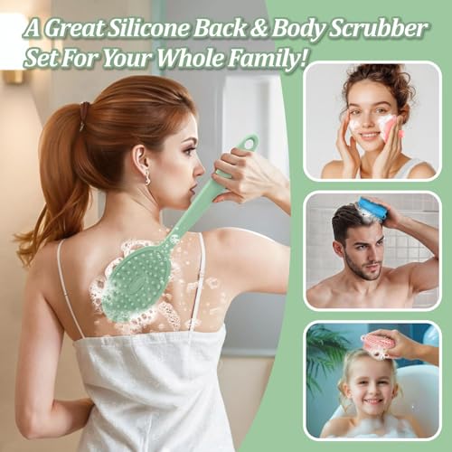 Silicone Back & Body & Face Scrubber Set 3PCS, Gentle Exfoliating Back & Body Scrubber with Dual-Side Brush Head, Hygienic Silicone Loofahs with Soft Bristle and Non-Slip Handle(Green-3PC) - color: Green*3