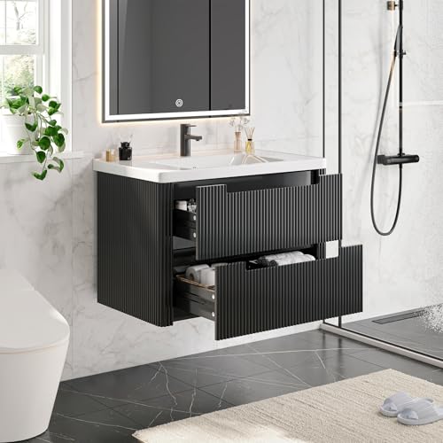 ONBRILL Modern Bathroom Vanity with Sink Combo, Curved Floating Bath Vanity with 2 Drawers, Wall Mount Bathroom Vanities with Integrated Ceramic Sink for Small Space, Apartment (Black, 32“) - color: Black, size: 32“