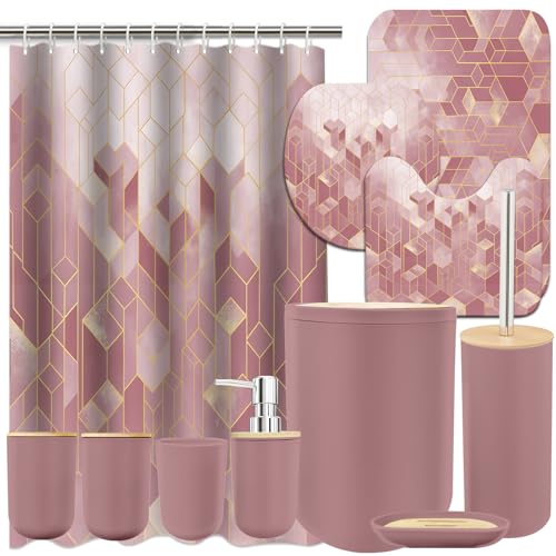 Lnond Pink Bathroom Set, Pink Abstract Cubes Bathroom Accessories Sets Complete, Luxury Restroom Set with Shower Curtain and Rugs, Trash Can, Toilet Brush Holder Set & Soap Dispenser - style: Pink