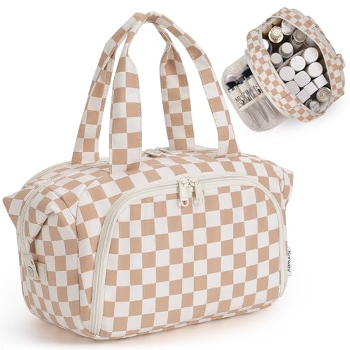 Narwey Travel Toiletry Bag for Women, Checkered Large Makeup Bag, Wide Open Cosmetic Make Up Organizer, Wet Pocket for Towel, Travel Bag for Toiletries, Brushes, Essentials (Light Brown Checker) - color: Light Brown Checkerboard