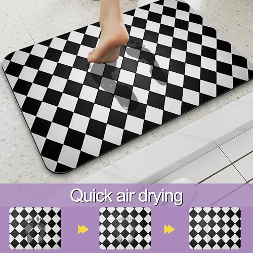 Black White Checkered Bathroom Mat, Non Slip Rubber Backed Fast Dry Bath Rug, Thin Bath Mat for Bathroom Kitchen 17"x30" - color: Black White Checkered