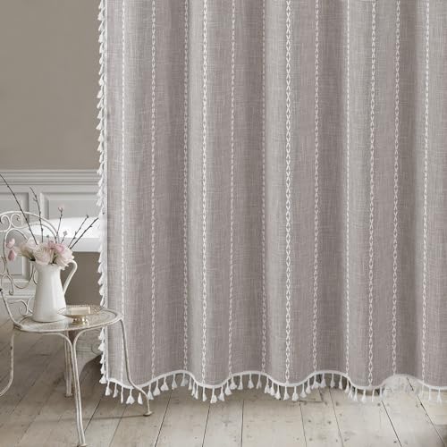 MitoVilla No Hooks Required Boho Farmhouse Shower Curtain with Snap-in Liner, Cotton Linen Fabric Shower Curtains with Tassels for Rustic Neutral Bathroom Decor, Grey Taupe, 72 x 74 - color: Grey