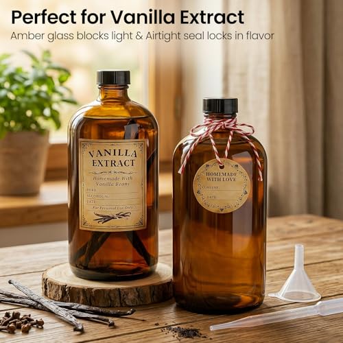 TBWIND 4 Pack 32oz Amber Glass Boston Round Bottles with Airtight Caps | Refillable Storage Bottles for Vanilla Extract, Kombucha, Cold Brew, Syrup & Oils with Droppers, Labels & Funnels - size: 32 oz