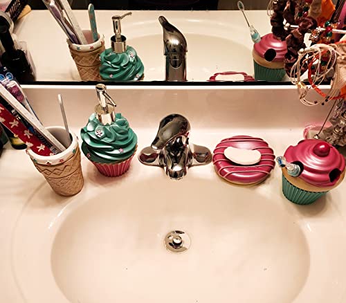 Bathroom Accessories Sets Organizer Complete with Milkshake Lotion/Soap Dispenser,Egg Tube Bath Cup/Tumbler,Donut Soap Dish,Cake Toothbrush Holder for Kids Bath Decor (Pink) - style: Ice Cream Design