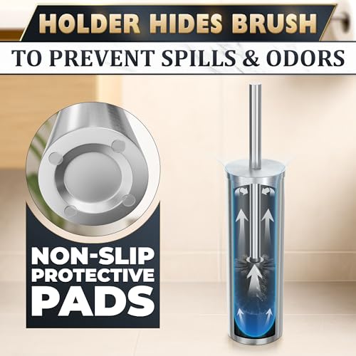 Stainless Steel Toilet Brush and Holder Set, Splash Guard (Silver) | Toilet Bowl Brush and Holder, Removable Inner Bowl, Dense Bristles, Long Handle, Scratch Resistant, for Modern Bathrooms - color: Silver