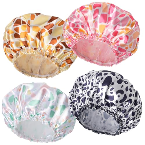 Shower Caps for Women, 4 PCS Elastic and Reusable Bath Caps, Double Layers Shower Cap Reusable Waterproof, Bathing Shower Caps, Environmental Bath Hair Protection Cap - Stone - color: Stone