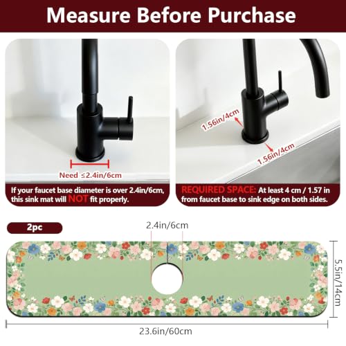 2 Pcs Kitchen Sink Splash Guard Faucet Mat Green Wreath Faucet Mat for Sinks Wreath Border Absorbing Drying Mats for Kitchen Bathroom, 23.6x5.5inch - color: Green Wreath