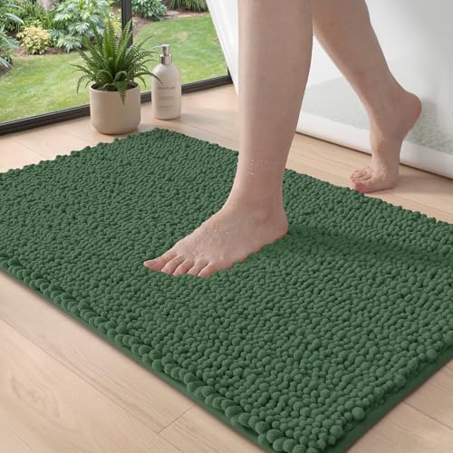 DEXI Bathroom Rugs 24x16, Super Soft Thick Chenille Absorbent Bath Mat, Non Slip Machine Washable Fluffy Shag Bathmat for Tub, Shower Floor, Green - color: Green, size: 24" X 16" (Rectangular)