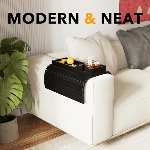 SpaceAid Bamboo Couch Cup Holder, Anti Falling Foldable Sofa Armrest Tray with Cup Holder, Couch Arm Side Table Organizer for Drink Cup Remote Snacks (Black) - color: Black, size: 16.5" x 13.4" x 2"