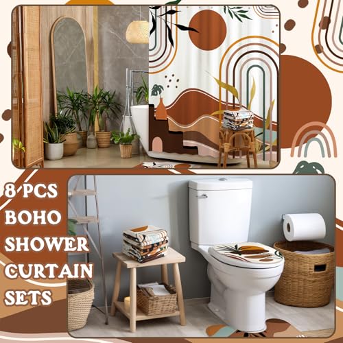 Tatuo 8 Pcs Mid Century Shower Curtain Set Boho Theme Bathroom Accessories Sets Decor Minimalist Modern Waterproof Shower Curtain with Towels Carpet Bath Mat Toilet Rugs and 12 Hooks - style: Boho