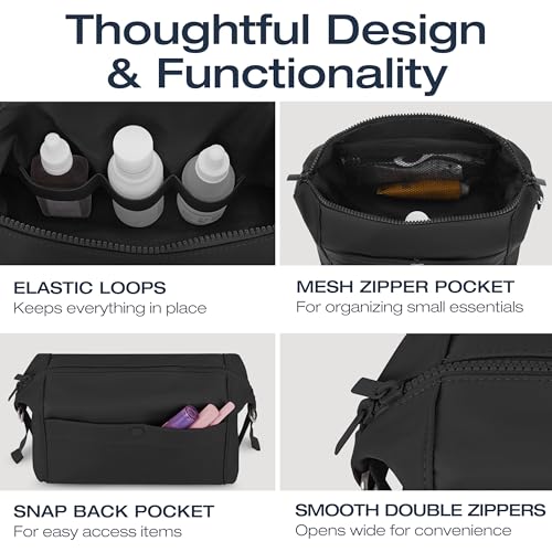 KAZAY Expandable Toiletry Bag with Side Clips for Adjustable Sizing, Premium High-Density Nylon, Open Wide Zipper, Stylish, Water Resistant, Cosmetic Bag, Makeup Bag, Full-Size Bottles, Unisex (Black) - color: Black