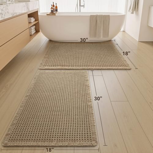 Upgraded Waffle Bath Mats Set of 2, Super Absorbent Non Slip Bath Mats for Bathroom Floor, Washable Boho Bathroom Rugs Set 2 Piece with Tassels, Soft Bathroom Mat Set, 18" x 30" (2 Pack), Brown - color: Brown, size: 18" x 30" ( 2 PCS )
