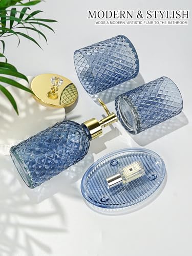 Haturi Blue Bathroom Accessories Set, 4Pcs Glass Bathroom Accessory Set Complete w/Lotion Soap Dispenser, Toothbrush Holder, Qtip Holder, Soap Dish, Blue Bathroom Decor Sets, Gift for Home Apartment - style: Navy Blue