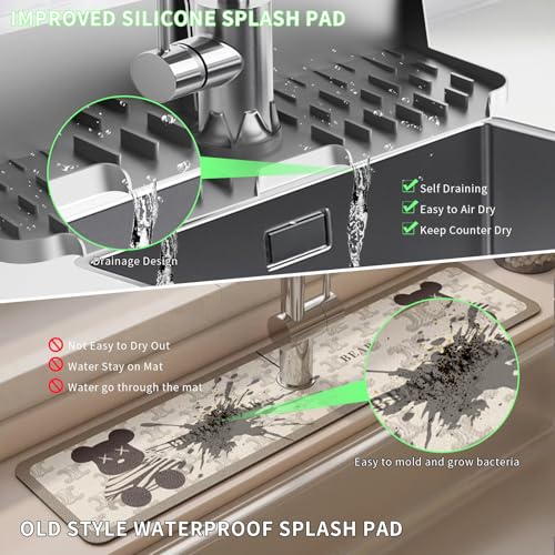 17” x 5.5” Silicone Faucet Handle Drip Catcher Tray Mat, Silicone Faucet Mat Dish Soap Sponge Holder for Kitchen Sink, Drying Mat for Kitchen Counter Bathroom Kitchen Sink Splash Guard - Grey - size: 17” Grey