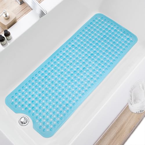 TEESHLY Bath Tub and Shower Mats, Non Slip 40 x 16 Inch Extra Large Bathtub Mat, Machine Washable Bathmat with Drain Holes, Suction Cups for Bathroom Floor, Clear Blue - color: Blue (Translucent)