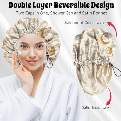 Luxury Shower Cap Satin Lined Reusable Waterproof Double Layer Elastic Adjustable Hair Bath Cap Cute Aesthetic Women Girls-Sun - color: F10-Sun