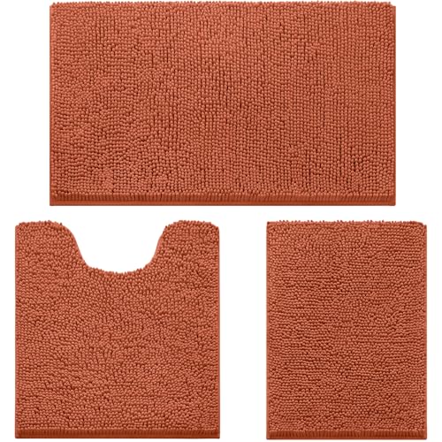HOMEIDEAS 3 Pieces Bathroom Rugs, Ultra Soft Non Slip Absorbent Chenille Toilet Bath Mat Set (Burnt Orange) - color: Burnt-orange, size: 17"x24"+20"x32"+U Shape 20"x24"