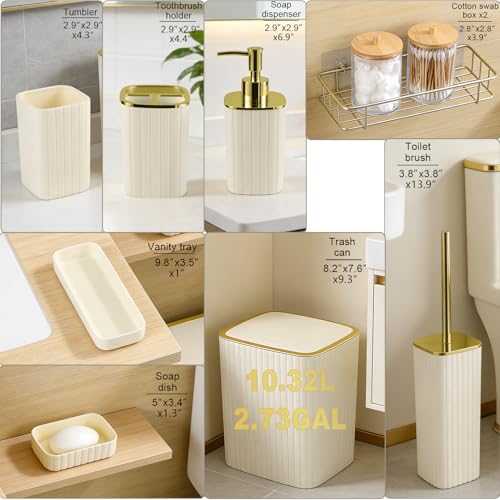 Bathroom Accessories Set-9PC Set, Complete Bathroom Decor & Home Decor, Bathroom Set with Toilet Brush, Trash Can, Soap Dispenser,Modern Home Bath(Beige, Bath Set) - color: Beige&gold, size: 9-Piece Bath Set