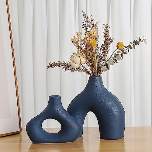 CEMABT Blue Ceramic Vase Set of 2 for Modern Minimalist Bohemian Decor，Round Matte Donut Vases for Pampas Grass-Perfect for Living Room, Dining Table, Office Bedroom Shelf Decor Entryway, Console - color: Blue