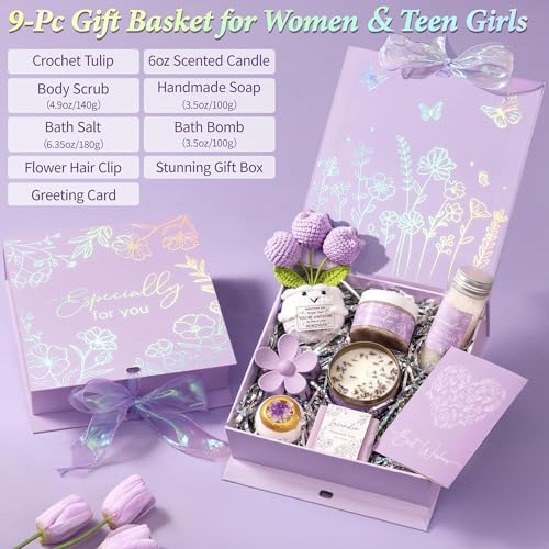 Spa Gifts for Women Bath Gift Set, Lavender Relaxing Spa Gift Baskets Home Bath Set Self Care Kit Care Package Thank You Birthday Mothers Day Easter Gifts for Women Mom Friends Sister Teen Girl Wife - color: Purple-Lavender