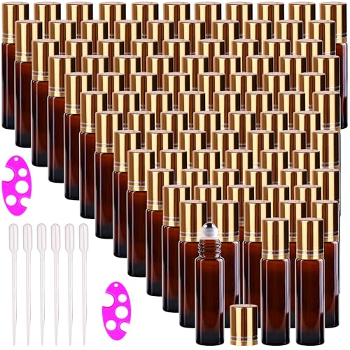 inice 100 10ml Amber Galss Roller Bottles Essential Oils Applicator With Stainless Steel Roller Balls Aluminium Alloy Cap - color: 100 PACK Amber Roller Bottles
