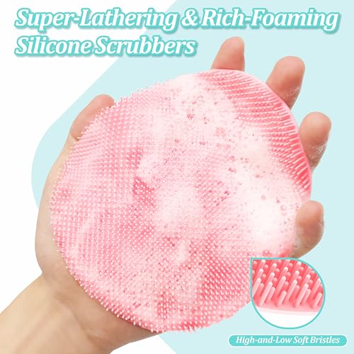 Silicone Back/Body/Face Scrubber & Soft Bath Glove Set 4PCS, Gentle Exfoliating Back & Body Scrubber with Dual-Side Brush Head, Hand-fit Bath Glove & Face Scrubber for Deep Cleaning(Pink-4PC) - color: Pink*4