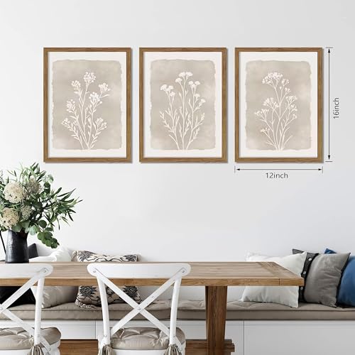 Framed Boho Botanical Flower Wall Art Set of 3, Vintage Minimalist Neutral Floral Wall Decor Paintings, Rustic Farmhouse Wildflower Artwork Prints Picture for Living Room Bedroom Bathroom 12x16 Inch - color: Gray Flowers, size: 16"L x 12"W