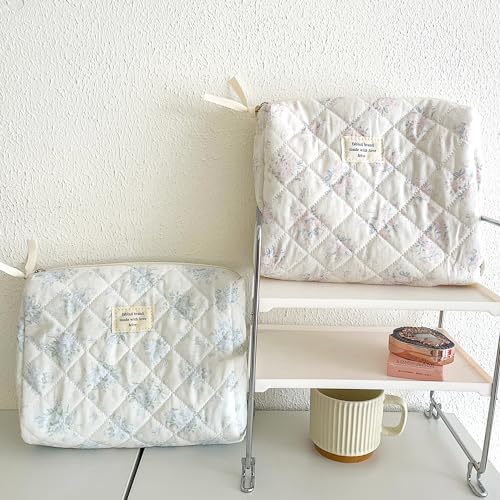 Sminra Makeup Bag Large Travel Quilted Cosmetic Makeup Bag Organizer, Floral Cotton Coquette Aesthetic Toiletry Bag for Women Girls (Blue Romantic Rose) - color: Blue Romantic Rose