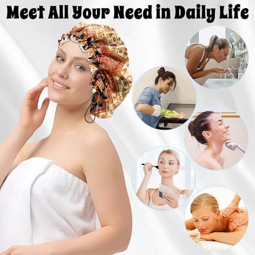 Luxury Shower Cap Satin Lined Reusable Waterproof Double Layer Elastic Adjustable Hair Bath Cap Cute Aesthetic Women Girls-Boho 2 - color: F20-Boho 2