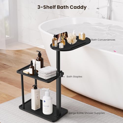 Bathtub Tray Table, Freestanding Bath Side Table Tub Tray Caddy, 3 Layer Bamboo Bath Board Shelf, Bathtub & Bathroom Accessories, New Home Gift for Mom, Housewarming, Anniversary, Wedding - color: Black
