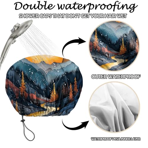 2 PCS Shower Cap Reusable Waterproof Adjustable Double Layer Elastic Dry Hair Bathing Caps Aesthetic Cute for Women Girls-Sunset Shout - color: H-8-Sunset Shout