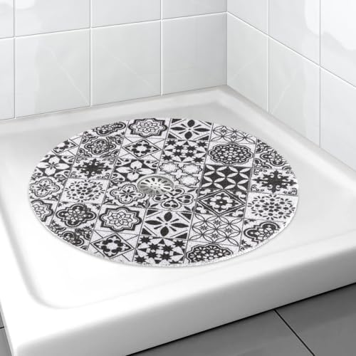 Shower Mat Non Slip, Round Shower Mat for Inside Shower with Drain Hole in Middle, Non Slip Bathtub Mat, Fast Drying Bath Tub Mats, Loofah Mat for Standing Shower Stall, Quick Drying - color: Black Mosaic, size: 24" (Round)
