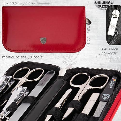 3 Swords Germany - brand quality 8 piece manicure pedicure grooming kit set synthetic leather case red - Made in Germany - color: RED