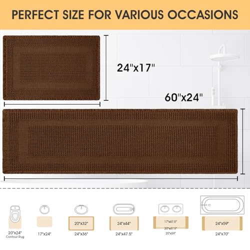 Waffle Bath Mat Set 2 Piece, Boho Woven Modern Bath Rug Absorbent Non Slip, Ultra Soft Bathroom Mats, Machine Washable Knit Bath Rugs with Tassels for Bathroom, Bedroom, Kitchen, Shower, Tub, Brown - color: Brown-looped, size: 24" x 17" + 5' x 2'(2-Piece