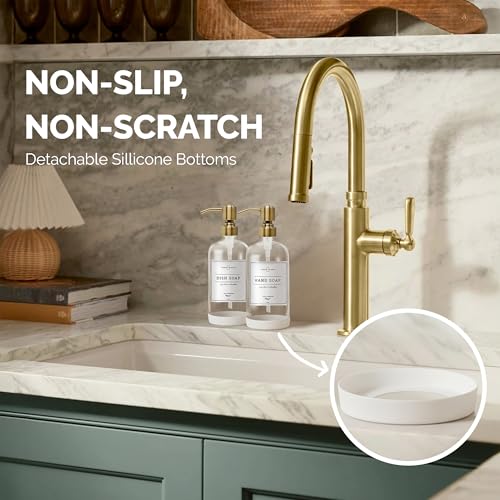 Vine Creations Clear Glass Soap Dispenser, 2 Pack Kitchen Soap Dispenser Set with Stainless Steel Pump, 16 oz Dish Soap and Hand Soap Dispensers for Bathroom with Waterproof Labels - color: Clear Bottle / Brushed Brass Pump
