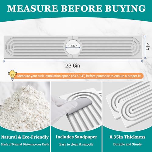 Stone Faucet Mat for Kitchen Sink - Quick Dry Diatomite Sink Splash Guard, Prevents Moisture Buildup & Water Stains, Water Absorbing Stone Tray for Bathroom Countertop (White, 23.6" x 4") - color: White, size: 23.6" x 4"