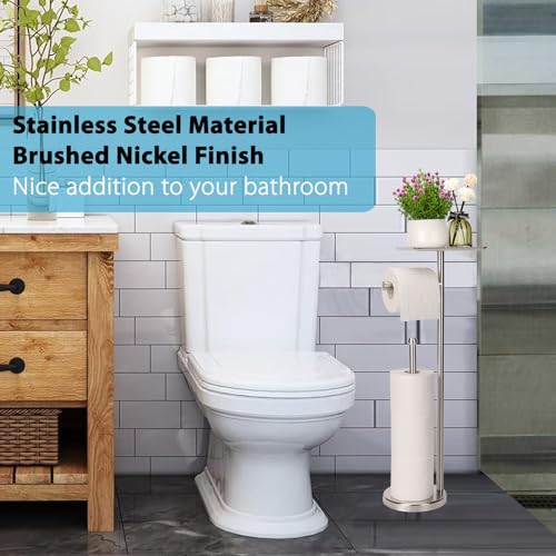 Noonext Toilet Paper Holder with Shelf, Freestanding Toilet Paper Stand with Tray for Small Items, Toilet Paper Holder Freestanding, Storage Space for 4 Extra Toilet Paper Rolls (Brushed Nickel) - color: Brushed Nickel