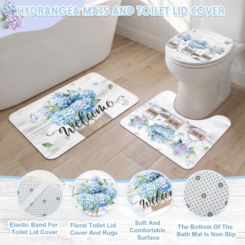 Haull 7 Pcs Blue Hydrangea Shower Curtain Sets Home Sweet Home Bathroom Set with Shower Curtain and Non Slip Rugs Toilet Lid Cover Bath Mat Floral Towels for Farmhouse Country Summer Bathroom Decor - style: Blue Hydrangea