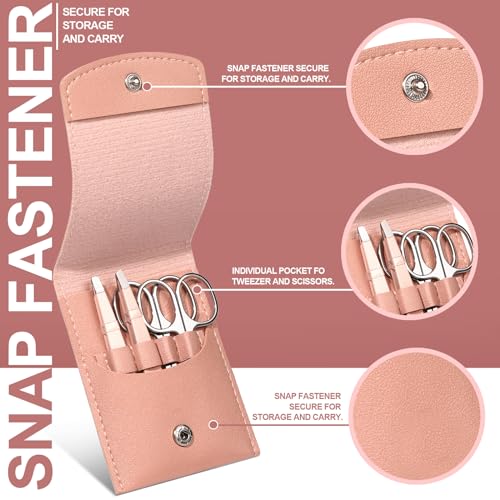 FANDAMEI Eyebrow Kit with Leather Case - Eyebrow Scissors, Tweezers, Razor, Brush for Women & Men - Facial Hair & Ingrown Hair Removal - color: Pink