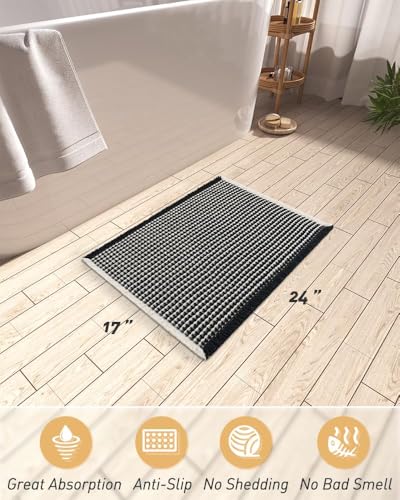 AMOAMI Upgraded Waffle Bath Mat, Super Absorbent Non Slip Bath Mats for Bathroom Floor, Washable Bathroom Rugs with Tassels, Rubber Backed Bathroom Mats, Ultra Soft, 17" x 24", Black & Cream - color: Black & Cream, size: 1'5" x 2' (Rectangular)