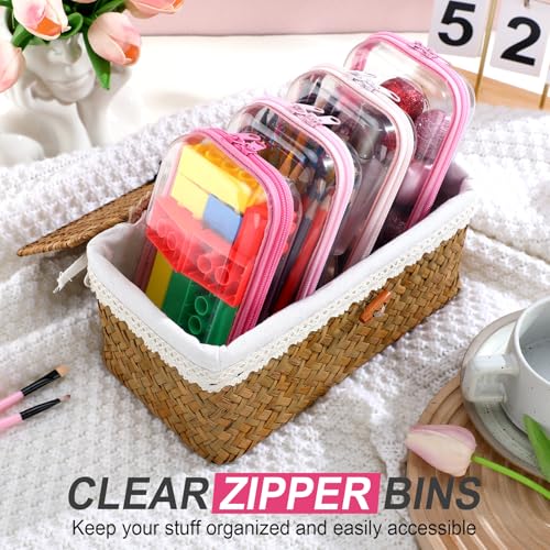 Hoolerry 4 Pcs Hard Clear Zipper Case Makeup Bags Plastic Zipper Pouch Transparent Storage Box Containers for Cosmetics, Snacks, Building Blocks, Puzzles(Clear,7.5 x 3.9 x 2 in,Pink) - color: Pink, size: 7.5 x 3.9 x 2 in