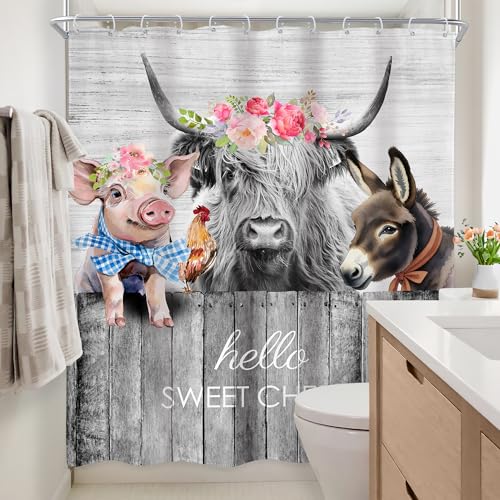 Newsely Highland Cow Farm Animals Shower Curtains for the Bathroom, Cute Cow Chicken and Pig with Flowers on Fence Bathroom Set, Western Farmhouse Rustic Funny Waterproof Bath Accessories 60Wx72H Inch - color: A-02cow, size: 60"W x 72"L (Pack of 1)