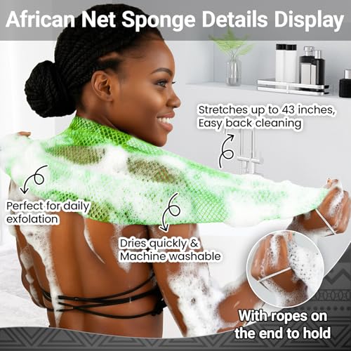 African Net Sponge Authentic 2 Pieces Gentle Exfoliating Body Scrubber Bath Sponges for All Skin Types, African Exfoliating Net Sponge with Handles Washcloth Loofah Bathing Accessories for Shower - style: Light Green, Light Pink