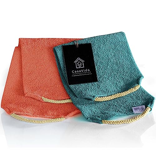 Back Scrubber Towel for Shower, 2 Pack, Rose Pink + Lake Blue | Nylon Bath Towel Washer, Exfoliating Washcloth, Japanese Stretchable Strap, Body Exfoliation - color: Rose Pink + Lake Blue