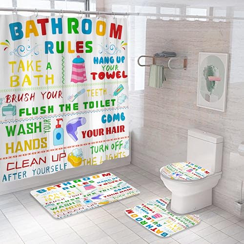 4PCS Kids Shower Curtain Set, with Non-Slip Rugs, Toilet Lid Cover and Bath Mat Funny Bathroom Rules Cute Colorful Pattern Teen Boy Girl for Bathroom Bathtub Decor Accessories, 72x72 Inch - color: Bathroom Rules