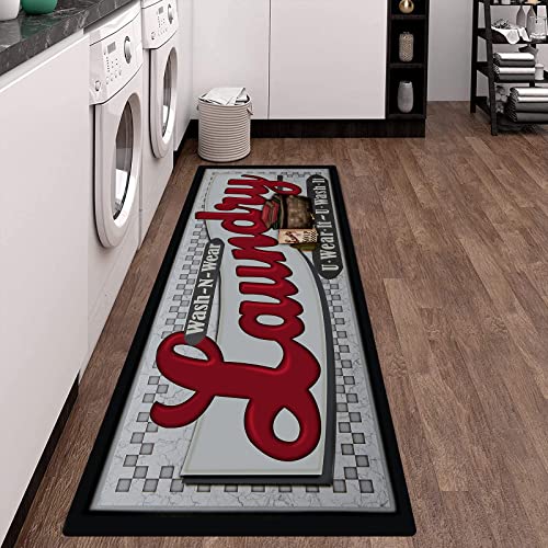 Pauwer Laundry Room Rug Runner 20"x60" Waterproof Rubber Laundry Mat Non Slip Kitchen Mats for Floor Washable Floor Mat Runner Rug for Farmhouse Mudroom Washroom Bathroom Decor - color: Laundry Grey Red, size: 1'8" x 5'